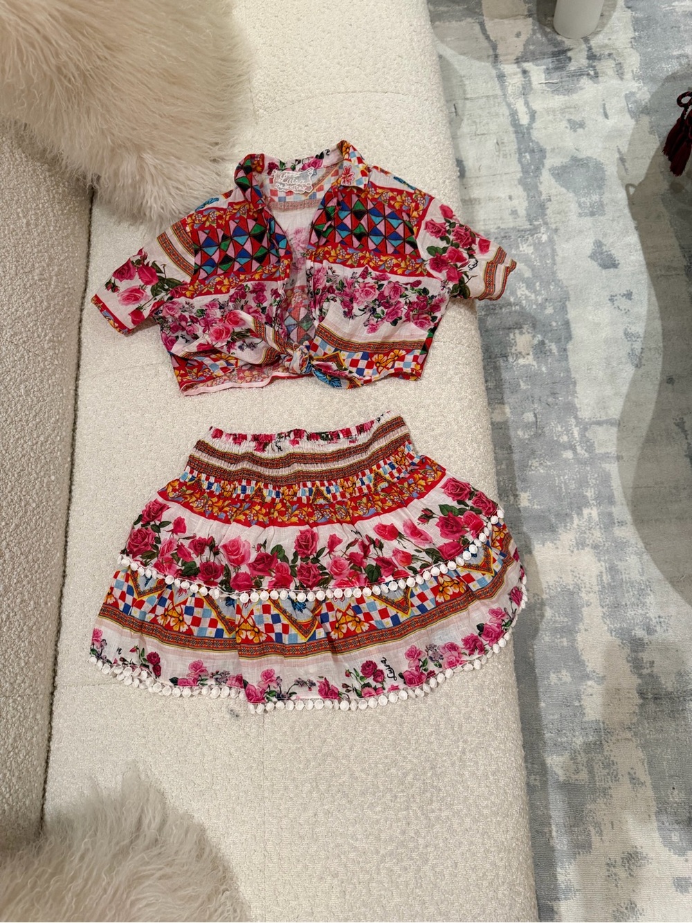 Luisa Positano Floral & Geometric Two-Piece Crop Top and Skirt Set - Pink Multi